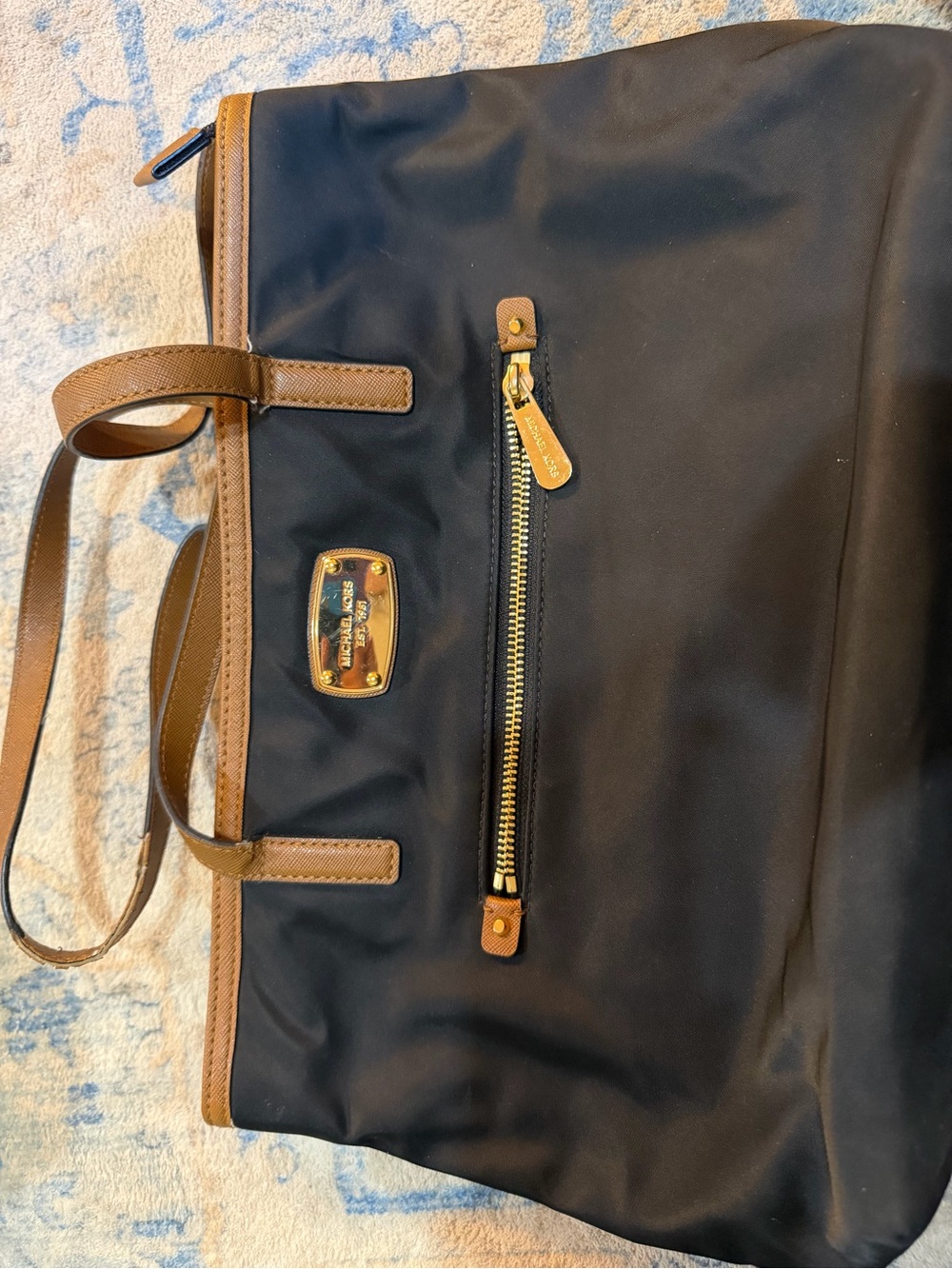 Michael Kors Black Nylon Laptop Tote with Brown Leather Trim